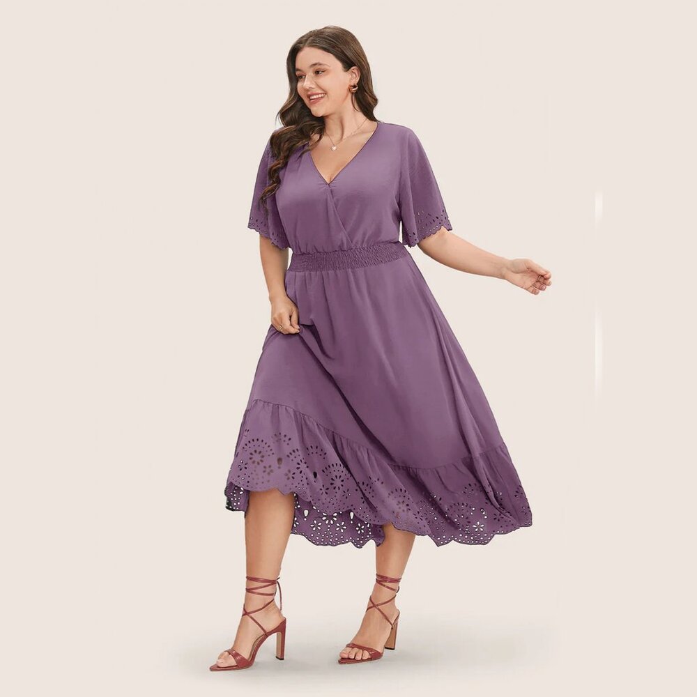 NEW (14-16) BloomChic Crepe Mauve SS Laser Cut Shirred Flutter Midi Dress (2539)